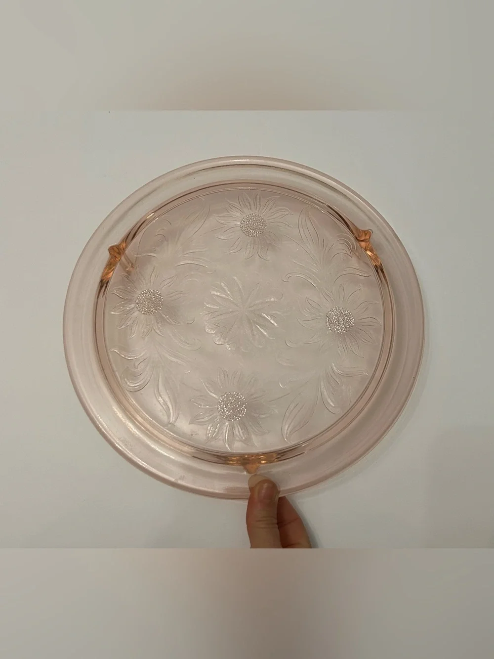 Vintage Pink Sunflower Floral Pressed Depression Glass Serving Plate Cake Stand‎